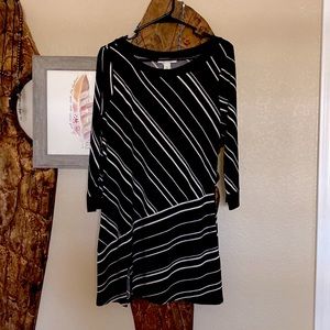 White House Black Market. Black & White Offset Striped Tunic Blouse.